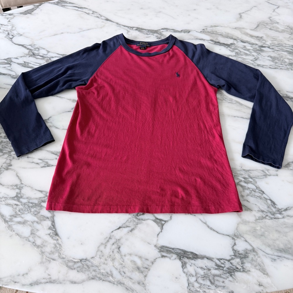 Polo Ralph Lauren Boys Red Navy Blue Raglan Long Sleeve T-Shirt Size L 14-16